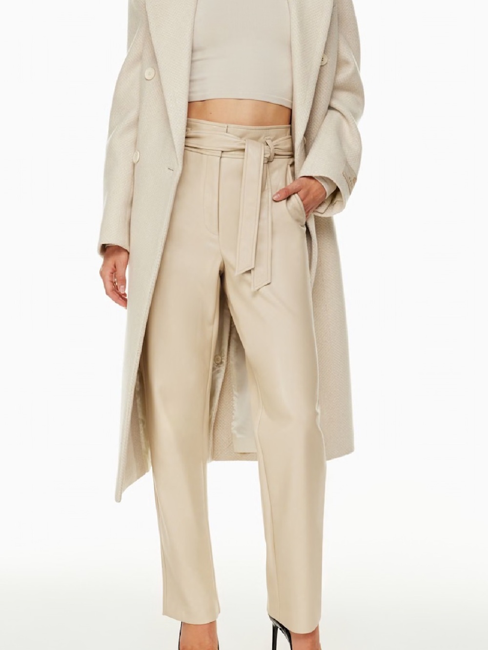 Babaton High-Waist Belted Vegan Leather Trousers - Cream